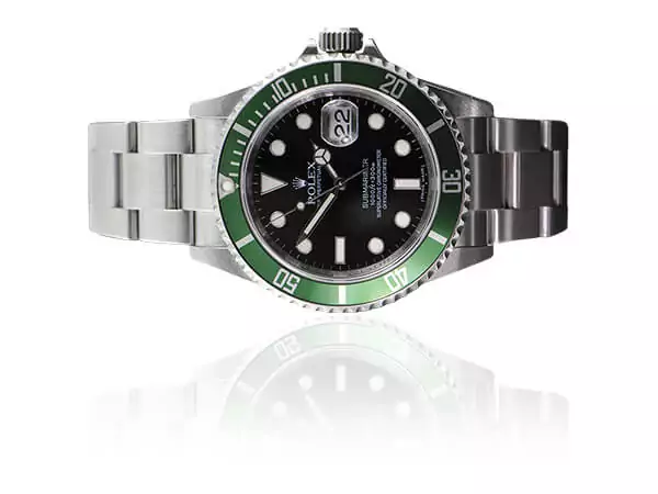 Photo of a pre-owned gents Rolex watch, with a green bezel and black face.