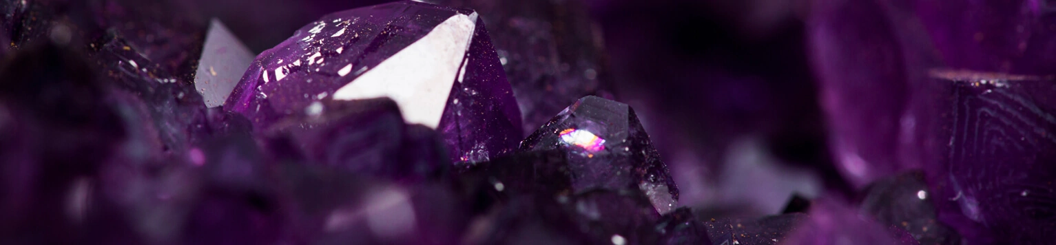 Raw purple amethyst gem stones. Amethyst birthstone banner for February.
