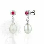 18ct White Gold Ruby, Pearl & Diamond Drop Earrings