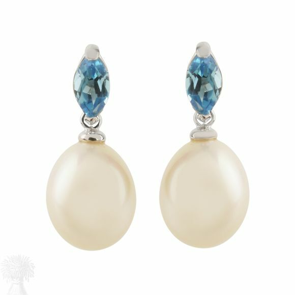 9ct White Gold Freshwater Pearl & Blue Topaz Drop Earrings