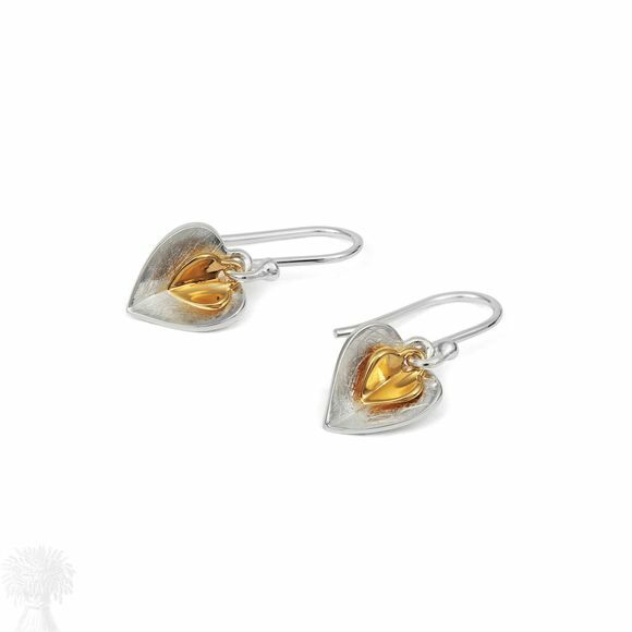 Sterling Silver Satin & Gold Plate Heart Drop Earrings