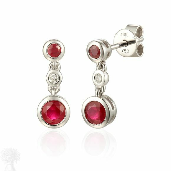 18ct White Gold 3 Stone Ruby and Diamond Drop Earrings
