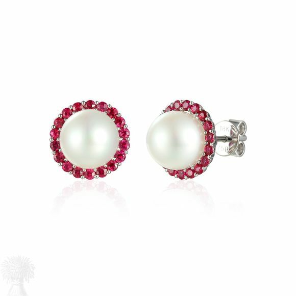 18ct White Gold Pearl & Ruby Cluster Earrings