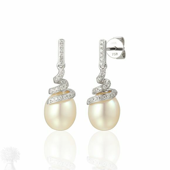 18ct White Gold Pearl & Diamond Twist Drop Stud Earrings