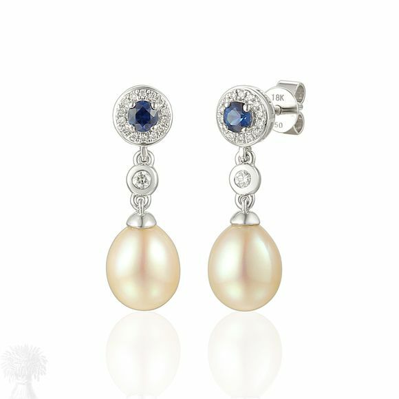 18ct White Gold Pearl, Sapphire & Diamond Drop Stud Earrings