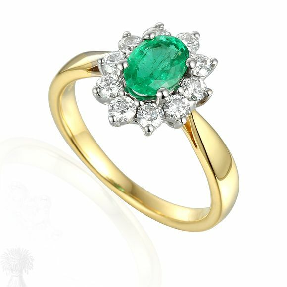 18ct Yellow & White Gold Oval Emerald & Diamond Cluster Ring