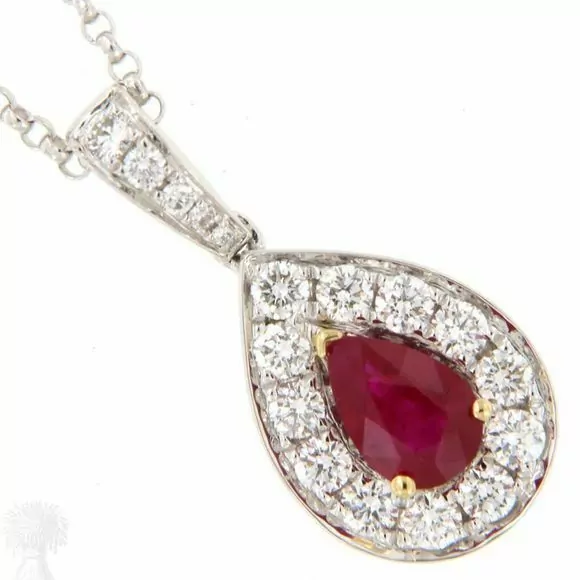 18ct White Gold Ruby and Diamond Cluster Pendant & Chain