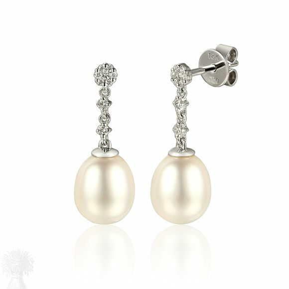 18ct White Gold Freshwater Pearl & Diamond Drop Earrings