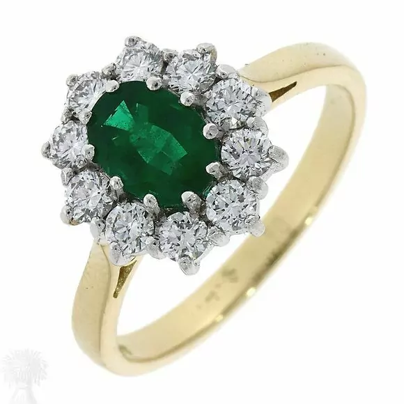 18ct Yellow, White Gold Emerald & Diamond Cluster Ring