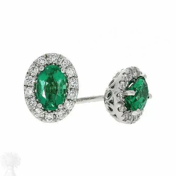 18ct White Gold Oval Emerald & Diamond Cluster Earrings
