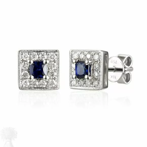 18ct White Gold Square Sapphire & Diamond Cluster Earrings