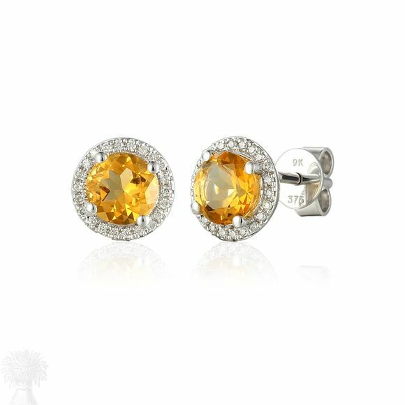 9ct White Gold Round Citrine & Diamond Cluster Earrings