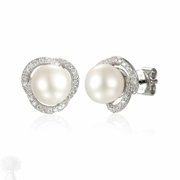 18ct White Gold Pearl & Diamond Twist Cluster Earrings