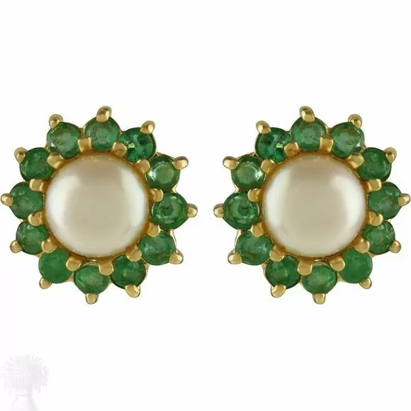 9ct Yellow Gold Emerald & Freshwater Pearl Cluster Earrings