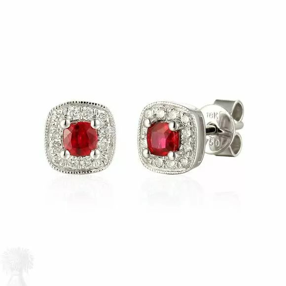 18ct White Gold Ruby and Diamond Cluster Stud Earrings