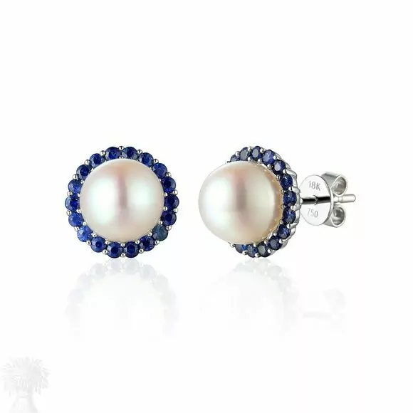 18ct White Gold Pearl & Sapphire Cluster Stud Earrings