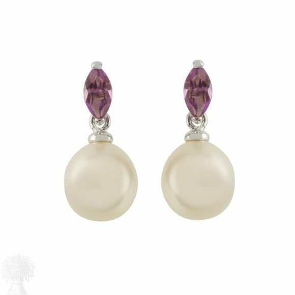 9ct White Gold Freshwater Pearl & Amethyst Drop Earrings