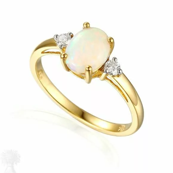 18ct Yellow Gold Three Stone Opal & Diamond Ring