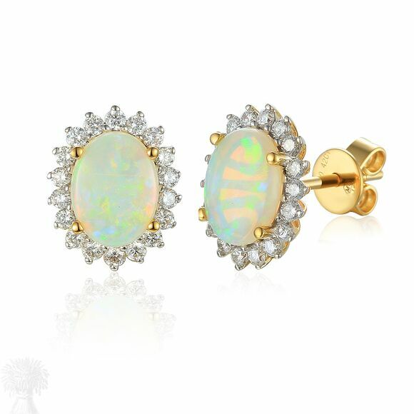 18ct Yellow Gold Oval Opal and Diamond Cluster Earrings