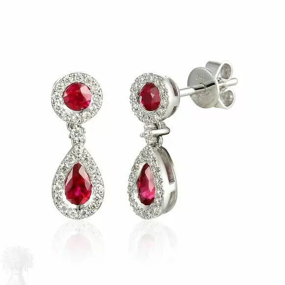 18ct White Gold Ruby & Diamond Cluster Drop Earrings