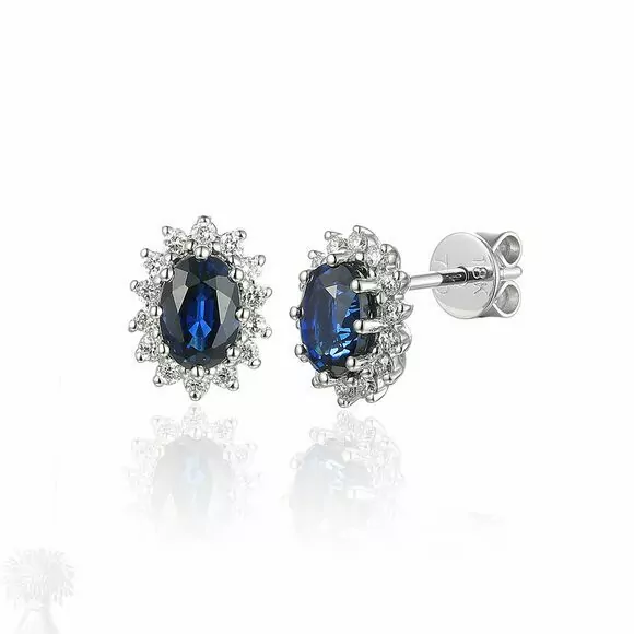 18ct White Gold Oval Sapphire and Diamond Cluster Earrings