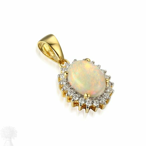 18ct Yellow Gold Oval Opal & Diamond Cluster Pendant