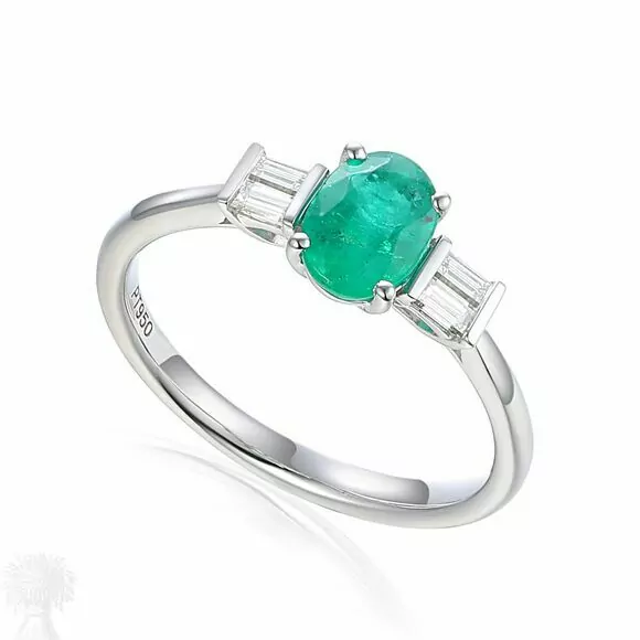 Platinum Emerald and Baguette Cut Diamond Ring