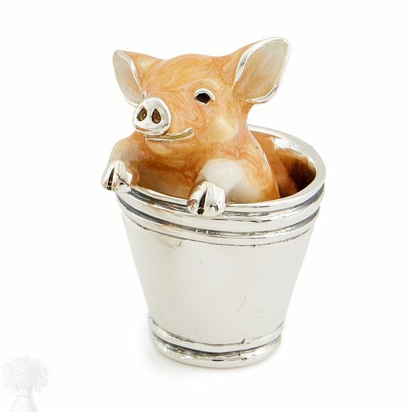 Saturno Silver Enamel Pig in Bucket Figurine