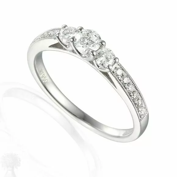 Platinum Three Stone Diamond Ring with Diamond Shoulders
