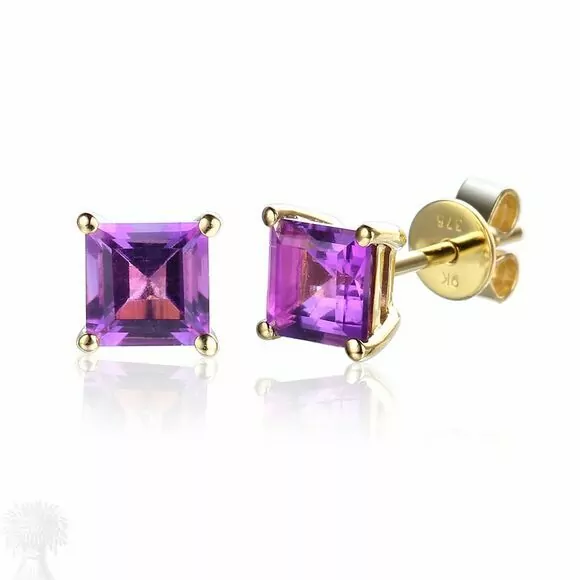 9ct Yellow Gold Single Stone Square Amethyst Earrings