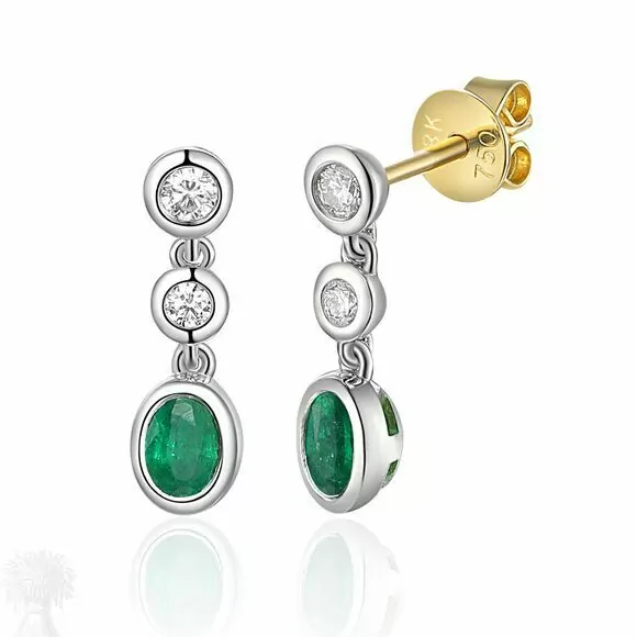 18ct Yellow, White Gold Emerald and Diamond Drop Earrings