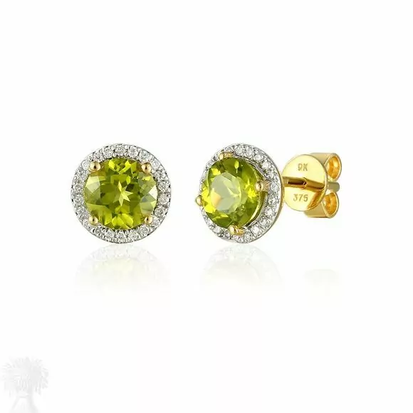 9ct Yellow Gold Round Peridot & Diamond Cluster Earrings