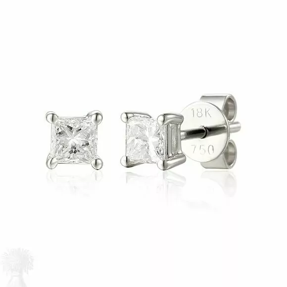 18ct White Gold Single Stone Princess Cut Diamond Earrings