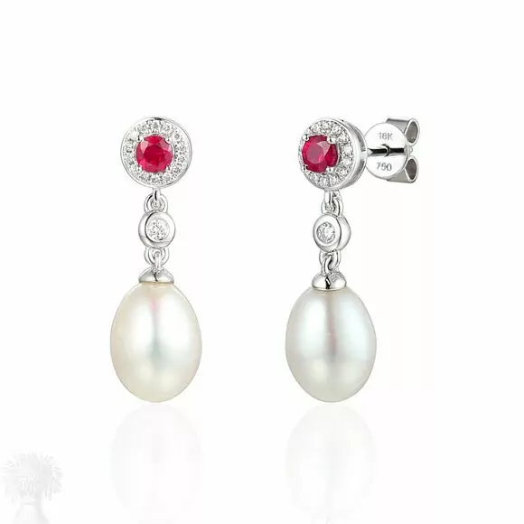 18ct White Gold Ruby, Pearl & Diamond Drop Earrings