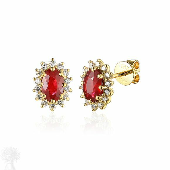 18ct Yellow Gold Oval Ruby and Diamond Cluster Earrings