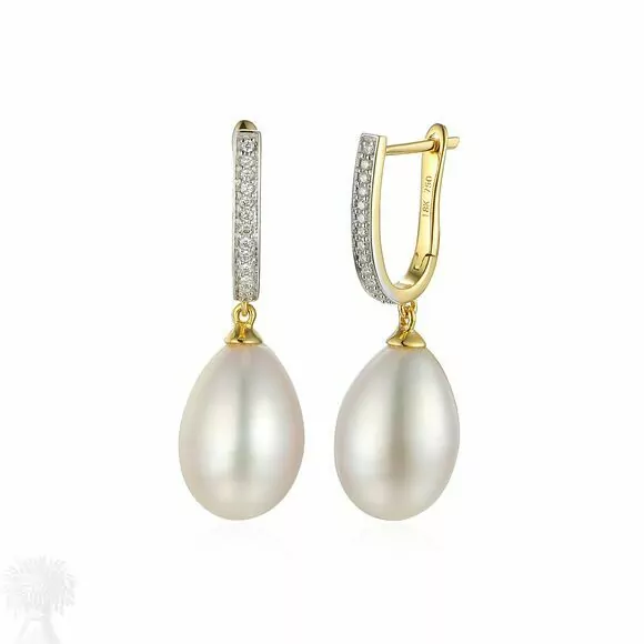 18ct Yellow Gold Pearl and Diamond Hoop Drop Earrings