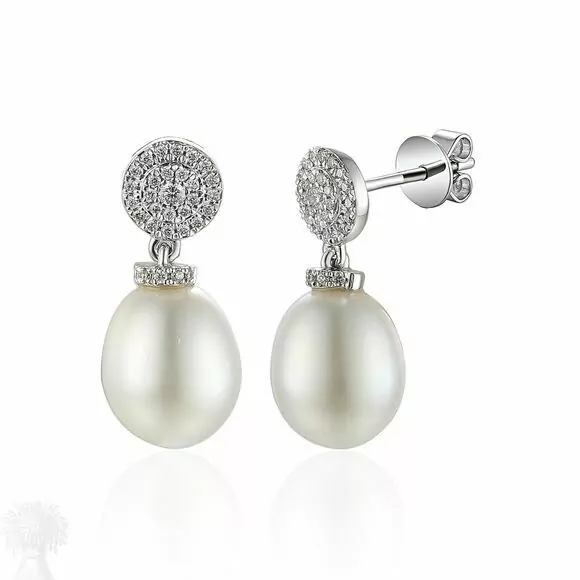 18ct White Gold Pearl and Diamond Cluster Drop Earrings