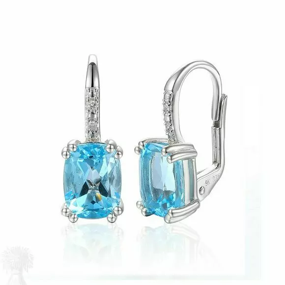 9ct White Gold Blue Topaz & Diamond Drop Earrings