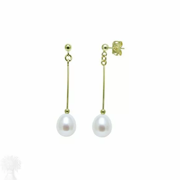 9ct Yellow Gold Oval White Freshwater Pearl Drop Earrings