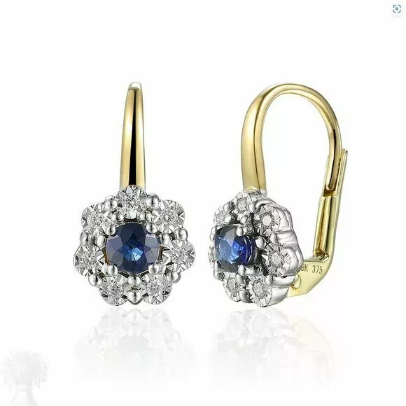 9ct Yellow, White Gold Sapphire & Diamond Drop Earrings
