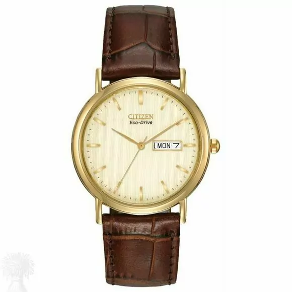 Gents Gold Plated Citizen Eco-Drive Day/Date Strap Watc