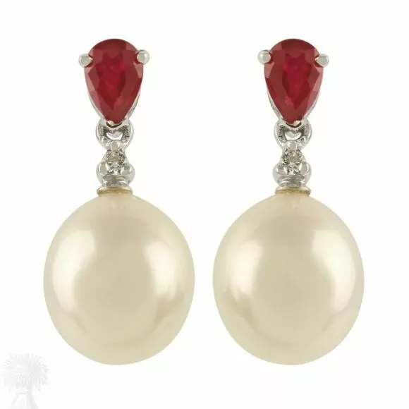 9ct White Gold Ruby, Diamond & Pearl Drop Earrings