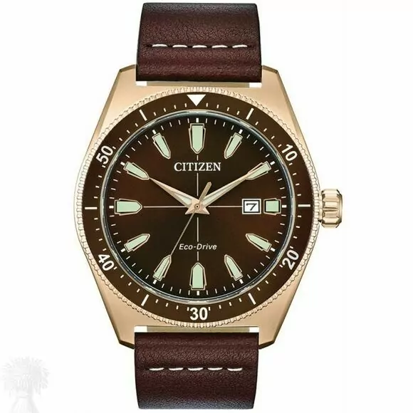 Gents Rose Gold Plated Citizen Eco-Drive Date Strap Watch