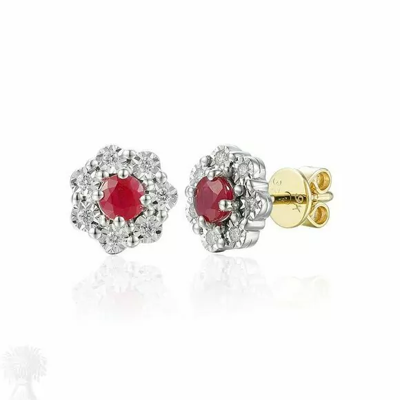 9ct Yellow, White Gold Ruby & Diamond Cluster Studs