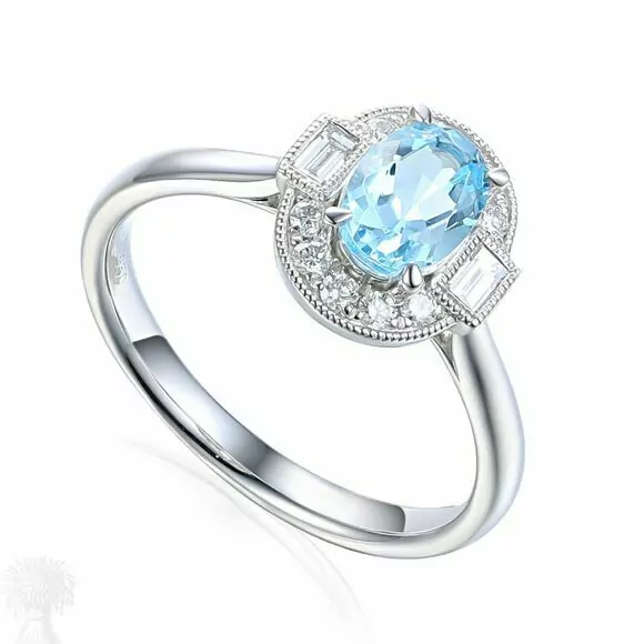 Platinum Aquamarine & Diamond Oval Cluster Ring