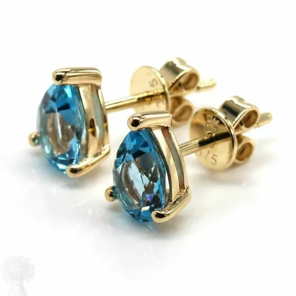 9ct Yellow Gold Single Stone Pear Shape Blue Topaz Stud Earrings
