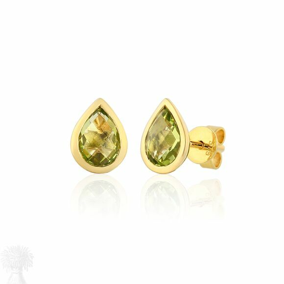 9ct Yellow Gold Single Stone Rub Set Pear Peridot Earrings