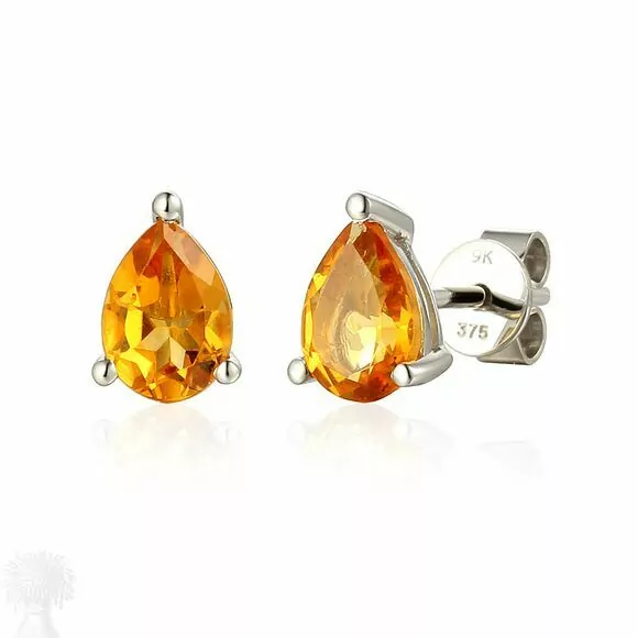 9ct White Gold Single Stone Pear Shape Citrine Stud Earrings