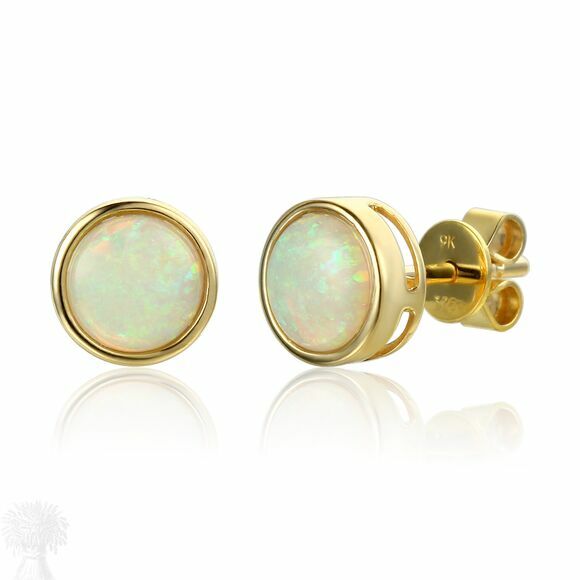 9ct Yellow Gold Rub Set Round Opal Stud Earrings