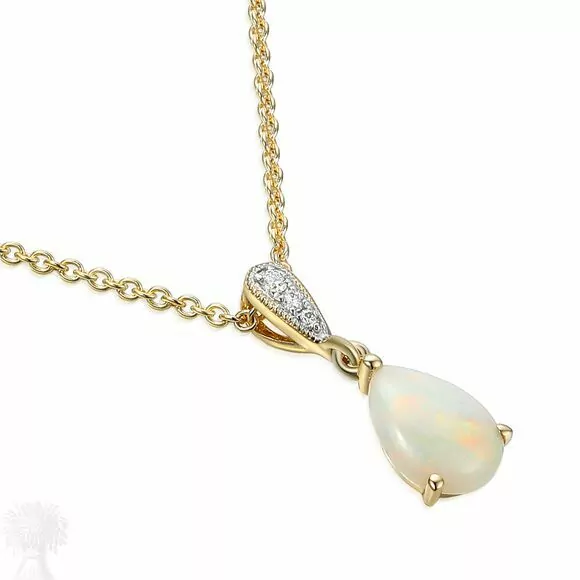 9ct Yellow Gold Opal & Diamond Set Halter Pendant & Chain